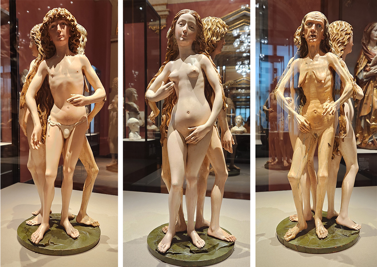 Three views of the Allegory of Vanity at the Kunsthistorisches Museum, 18” high, carved out of one piece of limewood